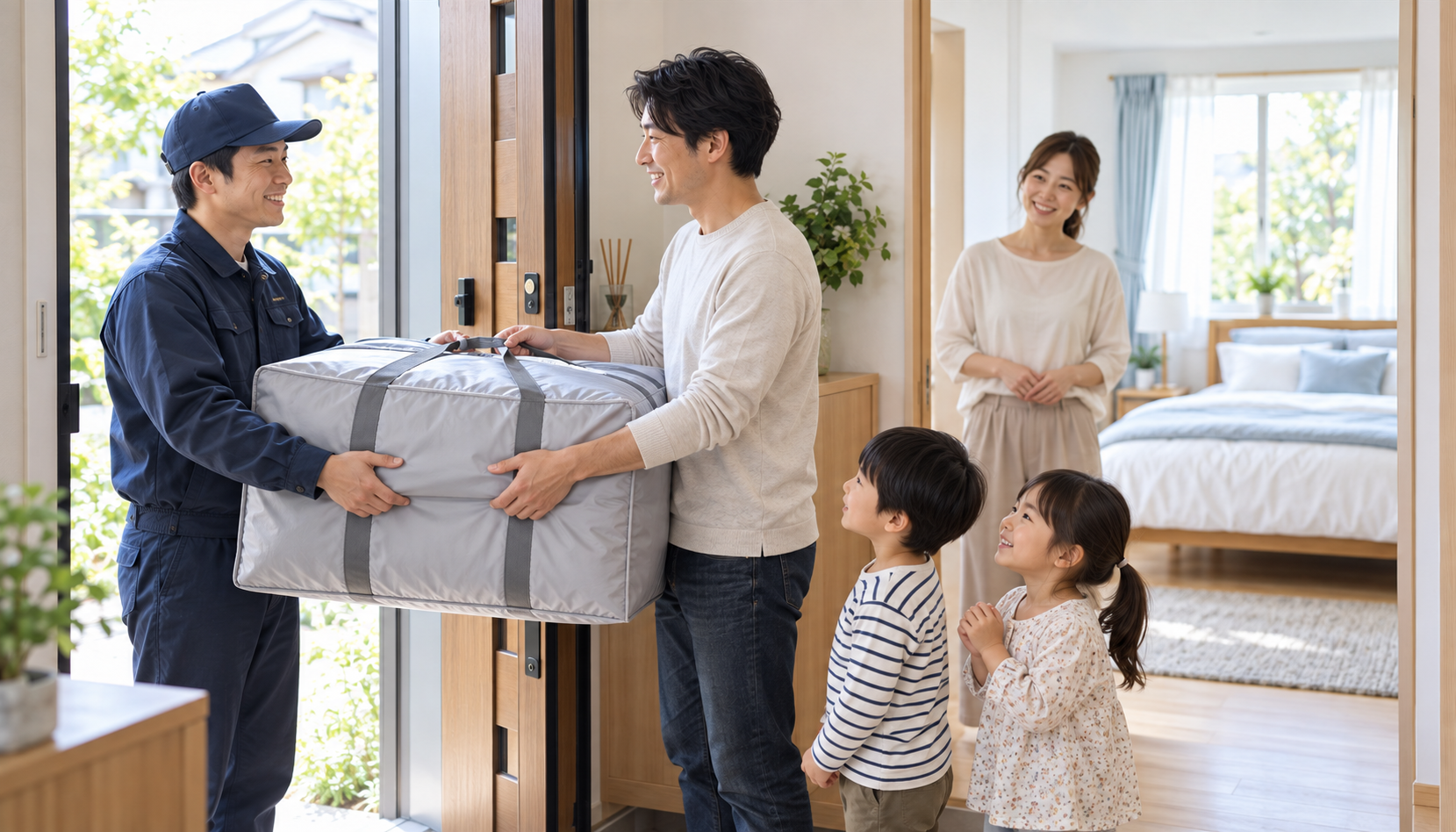 布団を宅配クリーニングへ預ける家族