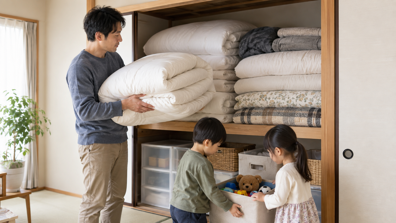 押し入れを占領する季節外の布団とおもちゃの収納場所を見直す父親