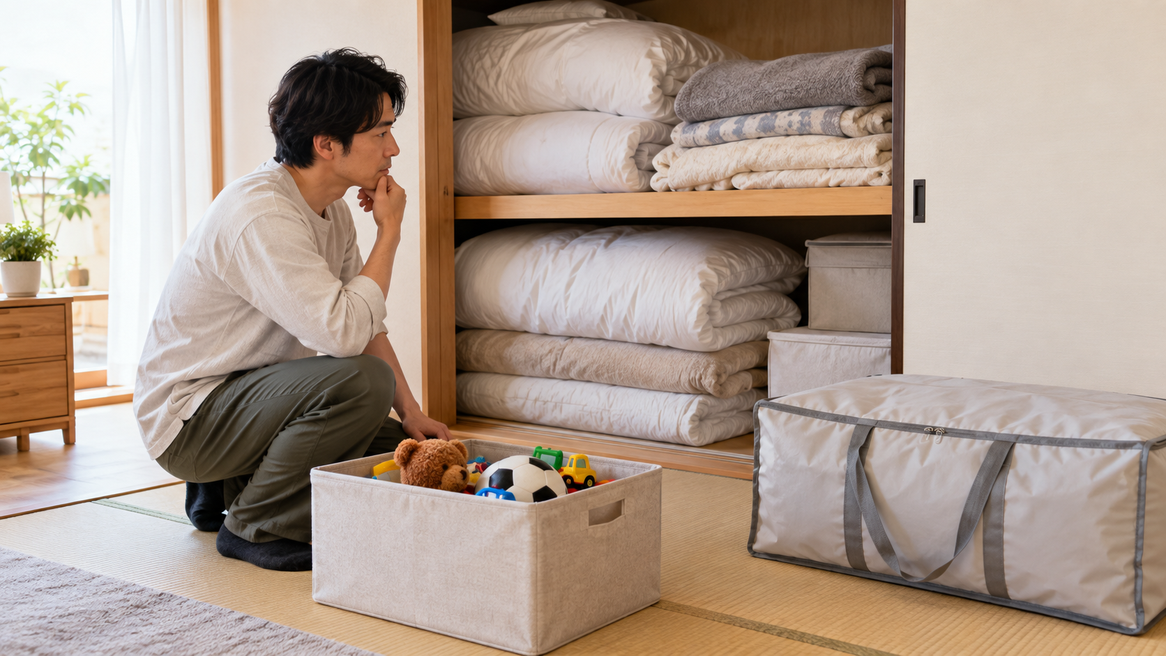 押し入れを圧迫している布団とおもちゃ収納を見直す父親