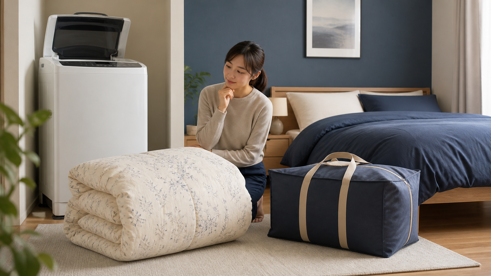 家庭用洗濯機に入らない布団と集荷バッグ