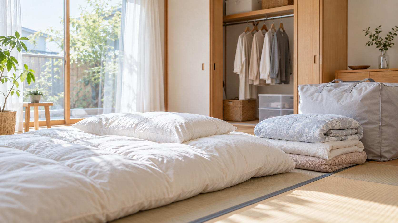 衣類が片づいた寝室で布団や寝具を見直す様子