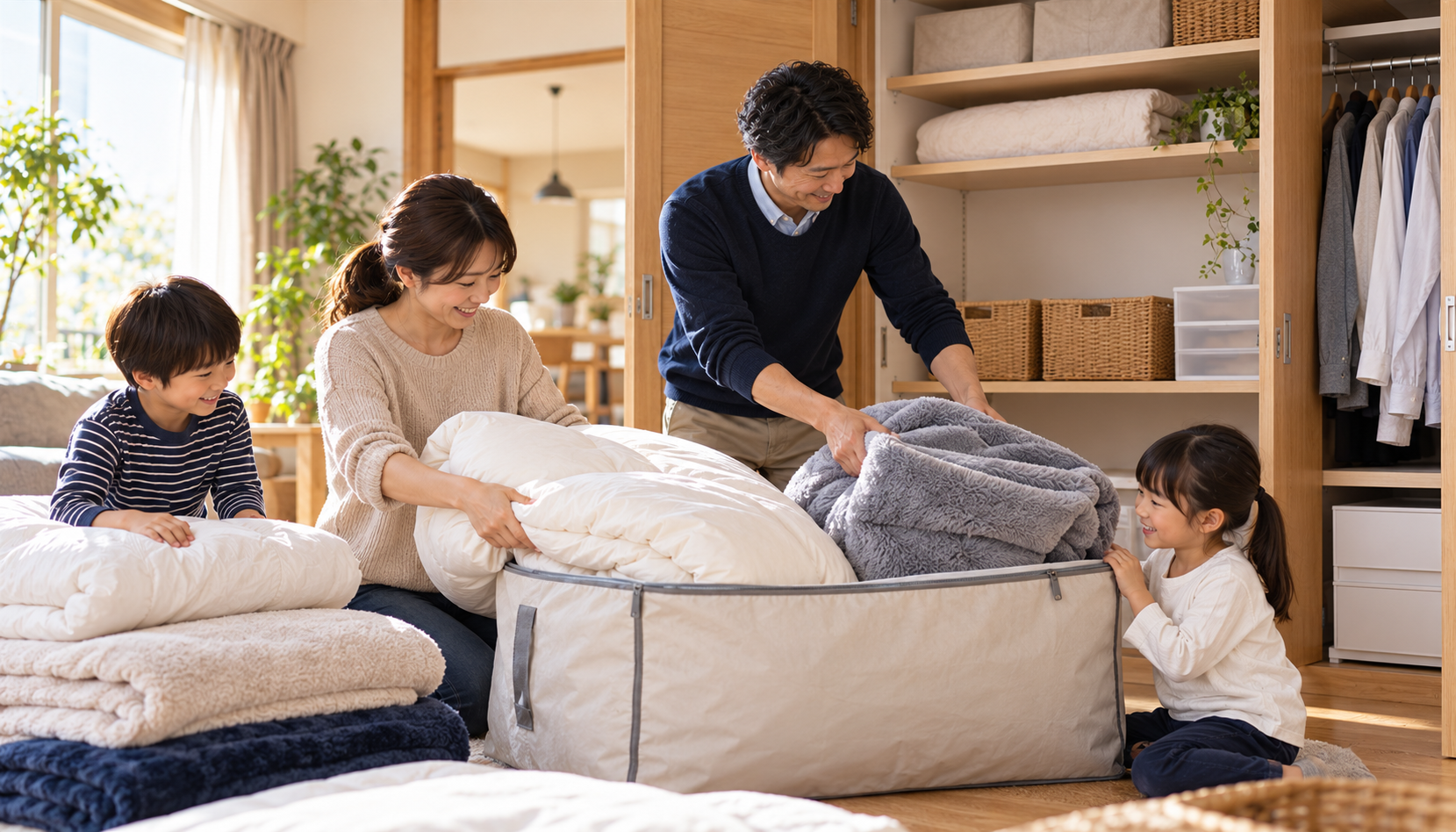 季節外の布団と毛布を宅配用バッグへ詰める4人家族