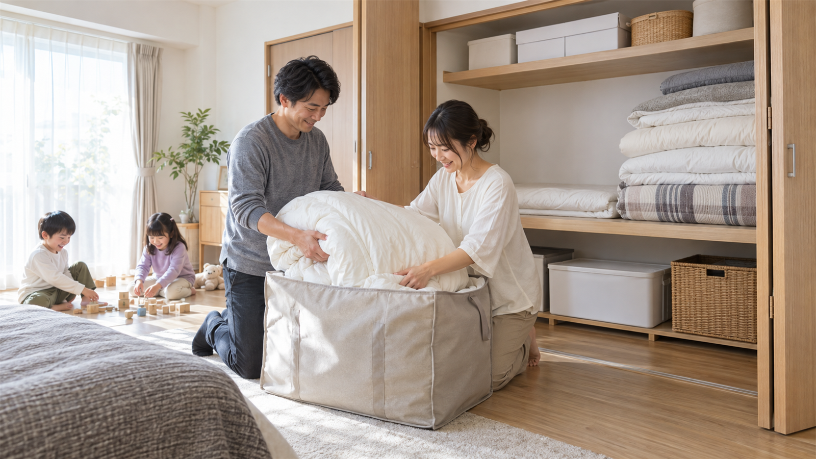 季節外の布団を集荷袋へ詰めて押し入れに余白を作る夫婦