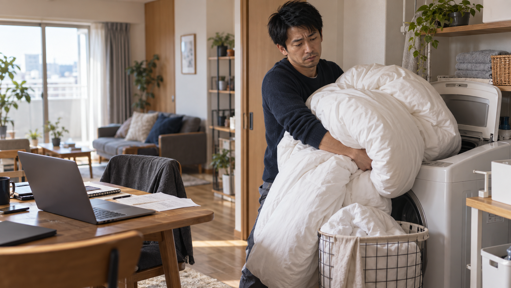 家庭用洗濯機へ大きな布団を入れようとして苦労する父親