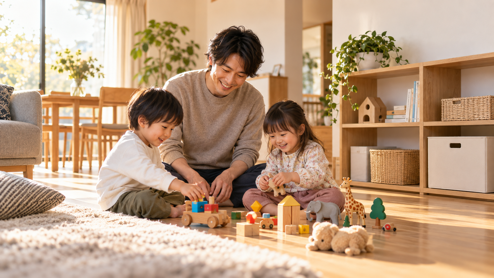 片付いたリビングでお気に入りのおもちゃを楽しむ父親と2人の子ども