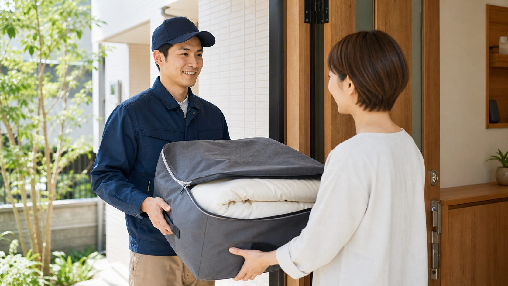 自宅の玄関で布団を集荷スタッフへ渡す様子