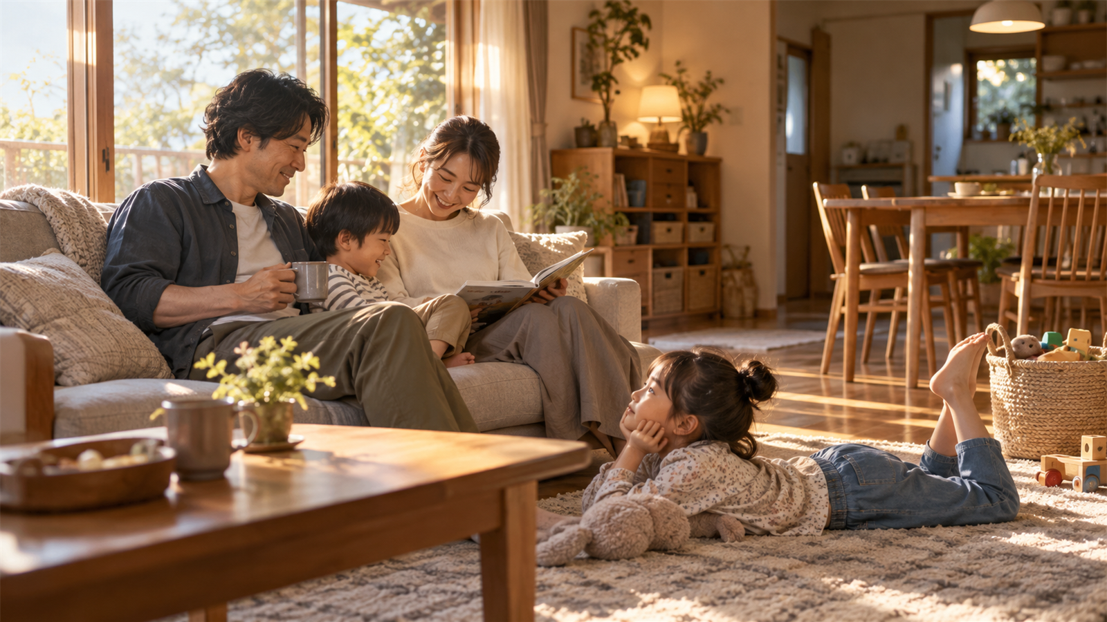 無理に物を減らしすぎず整ったリビングでくつろぐ家族