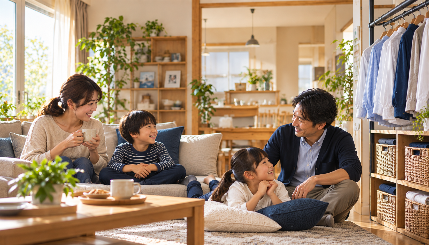 たたまない収納で家事の時間を減らし家族でくつろぐ様子