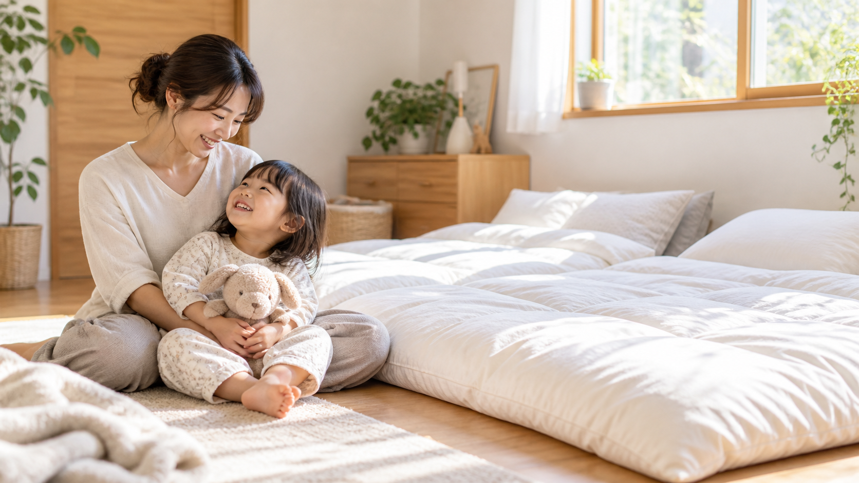 清潔な寝具で安心して眠る親子