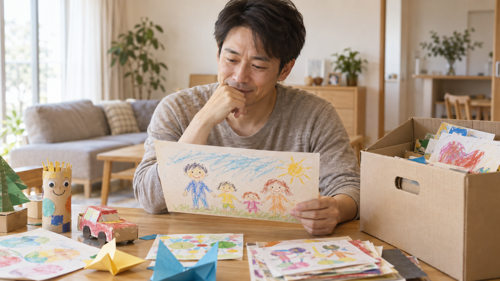 子どもの絵を見ながら思い出を振り返る父親