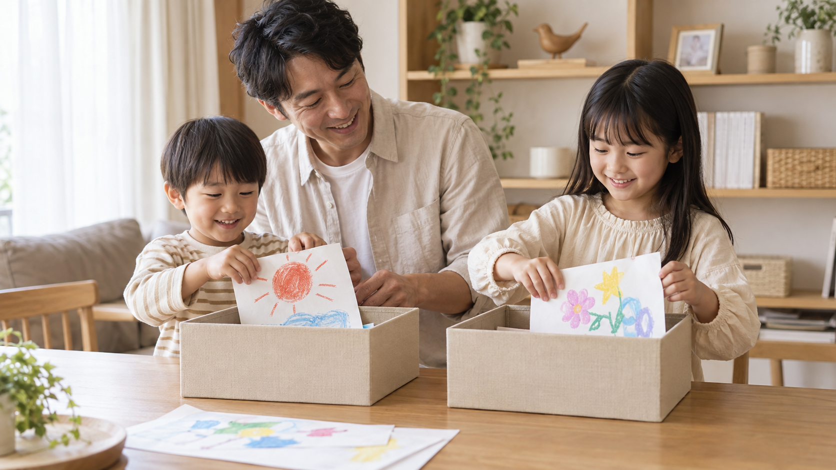 子どもそれぞれの箱へ作品を入れる親子
