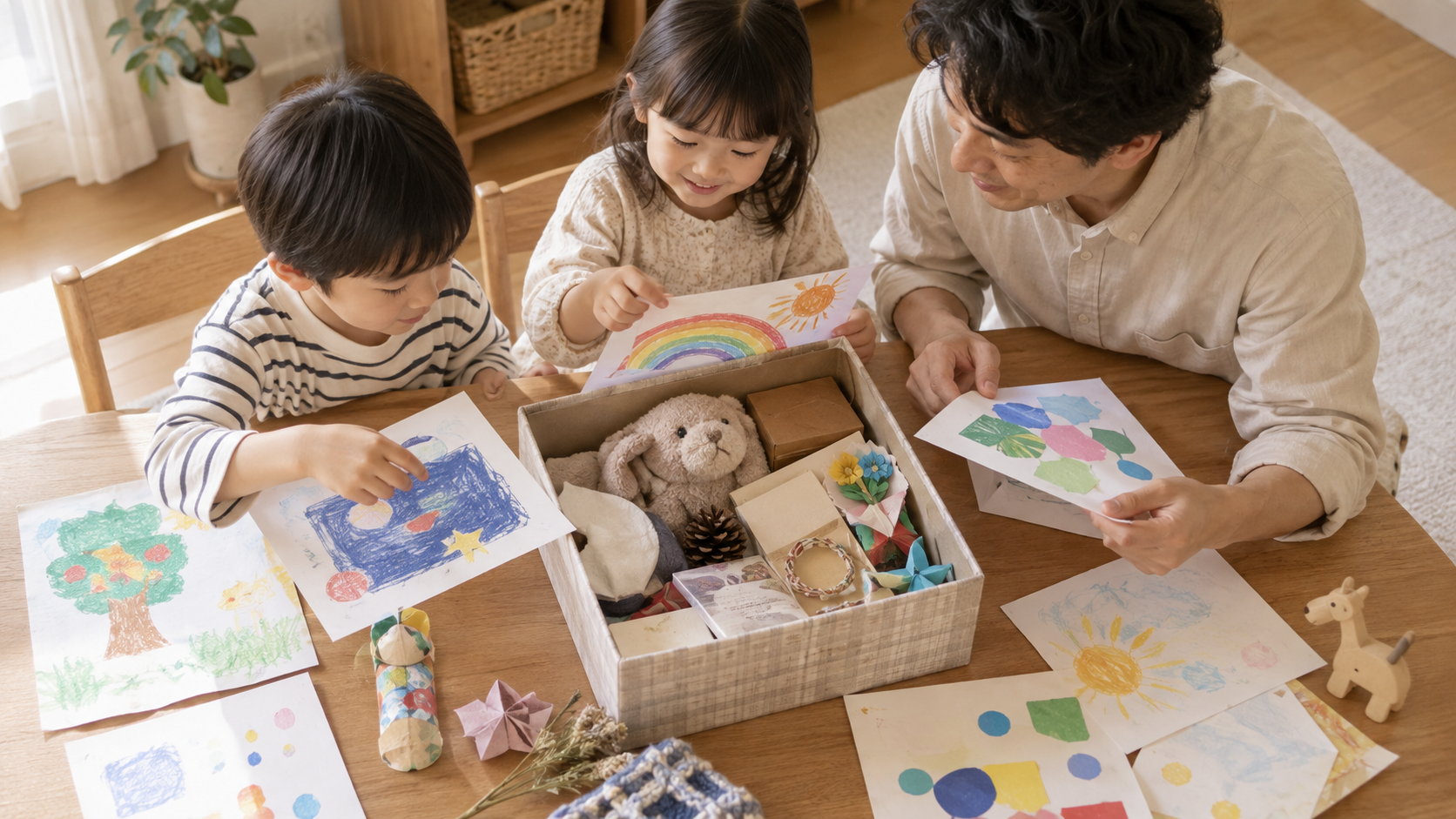 残したい絵や工作を親子で選ぶ様子