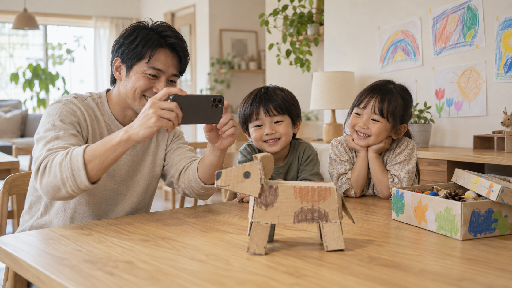 子どもの工作をスマートフォンで撮影する父親