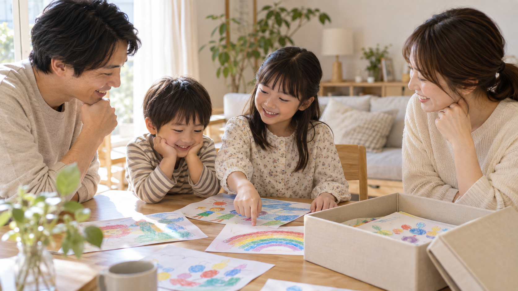 残したい作品について家族で相談する様子