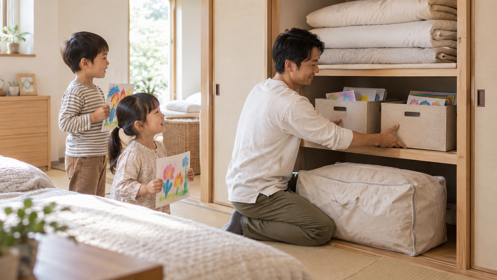 布団と作品の思い出箱を整理した押し入れ