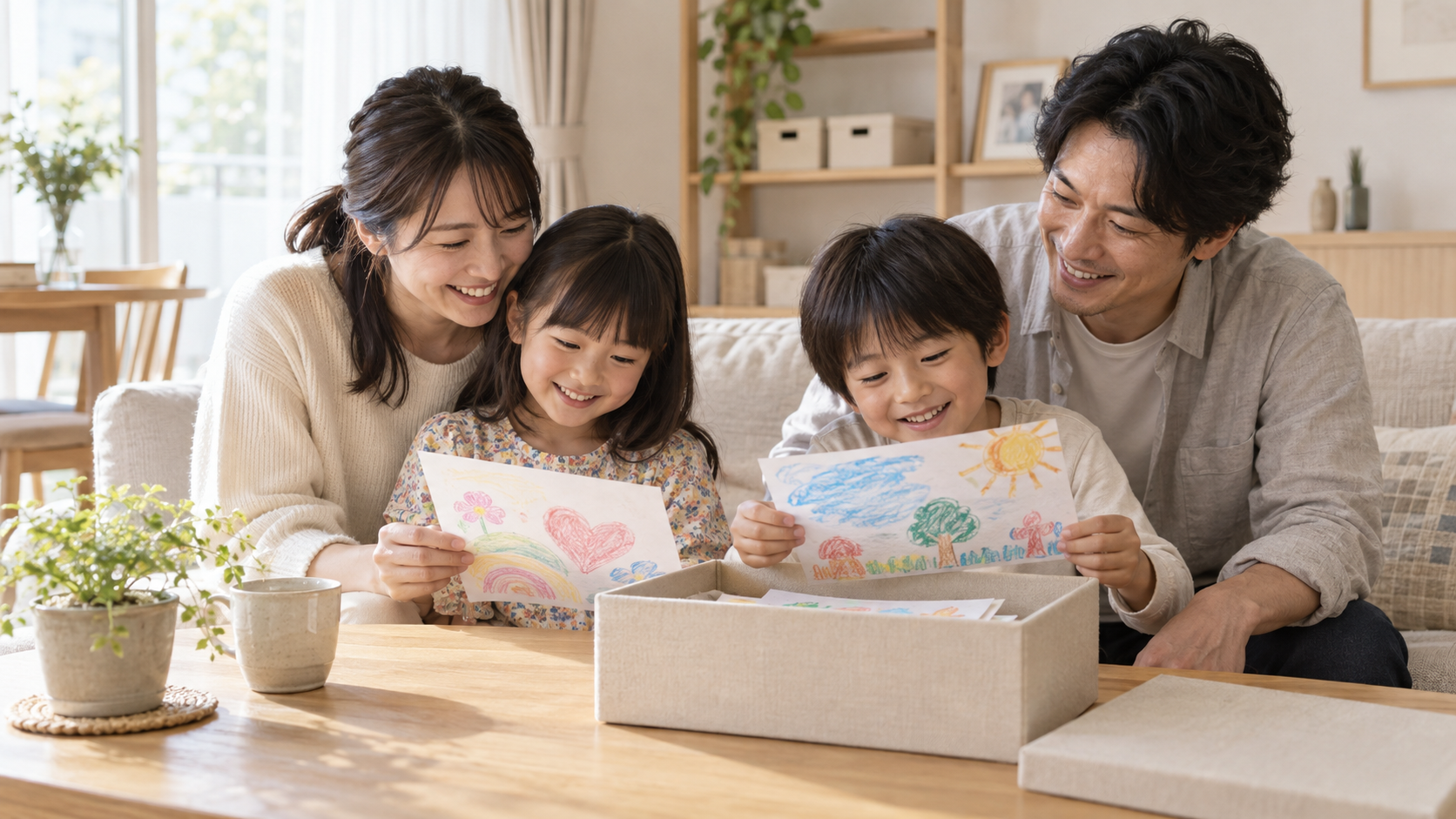 思い出箱の作品を家族で楽しく見返す様子